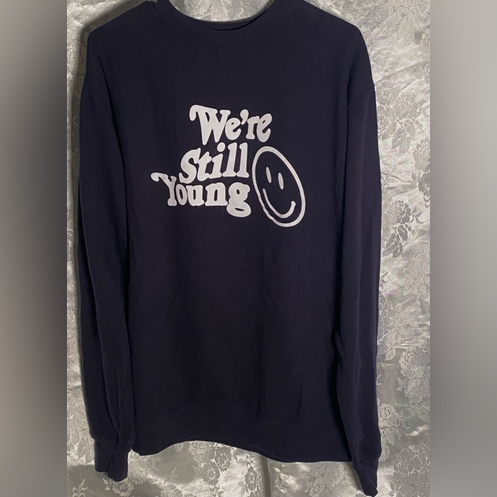 Fanjoy “We're Still Young” Navy Crewneck Sweatshirt Sz. L 44”C  27”L